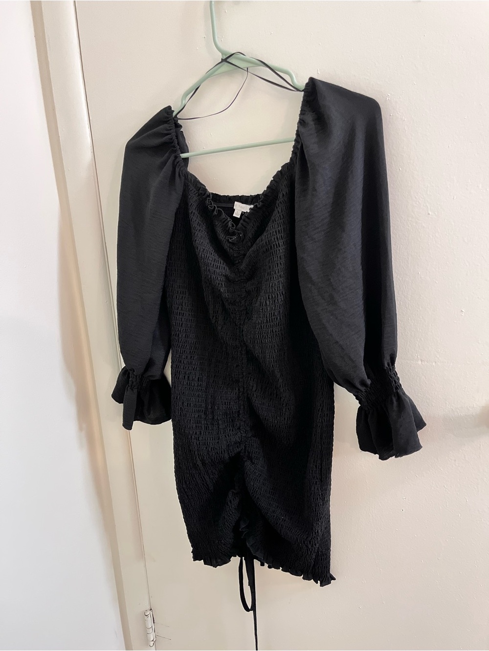 Love Tree L Black Smocked Ruched Mini Dress Square Neck Ruffle Cuffs